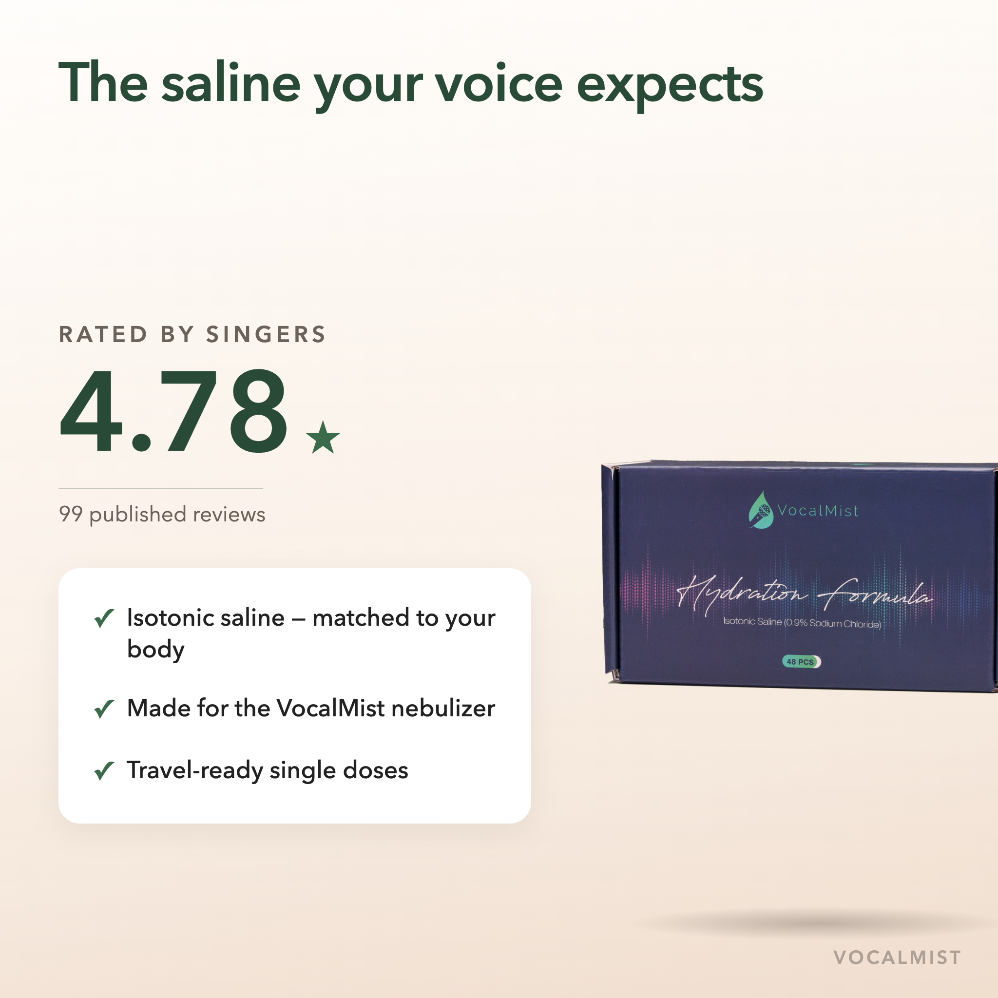 VocalMist Hydration Formula rated 4.78 stars across 99 published reviews — isotonic saline benefits