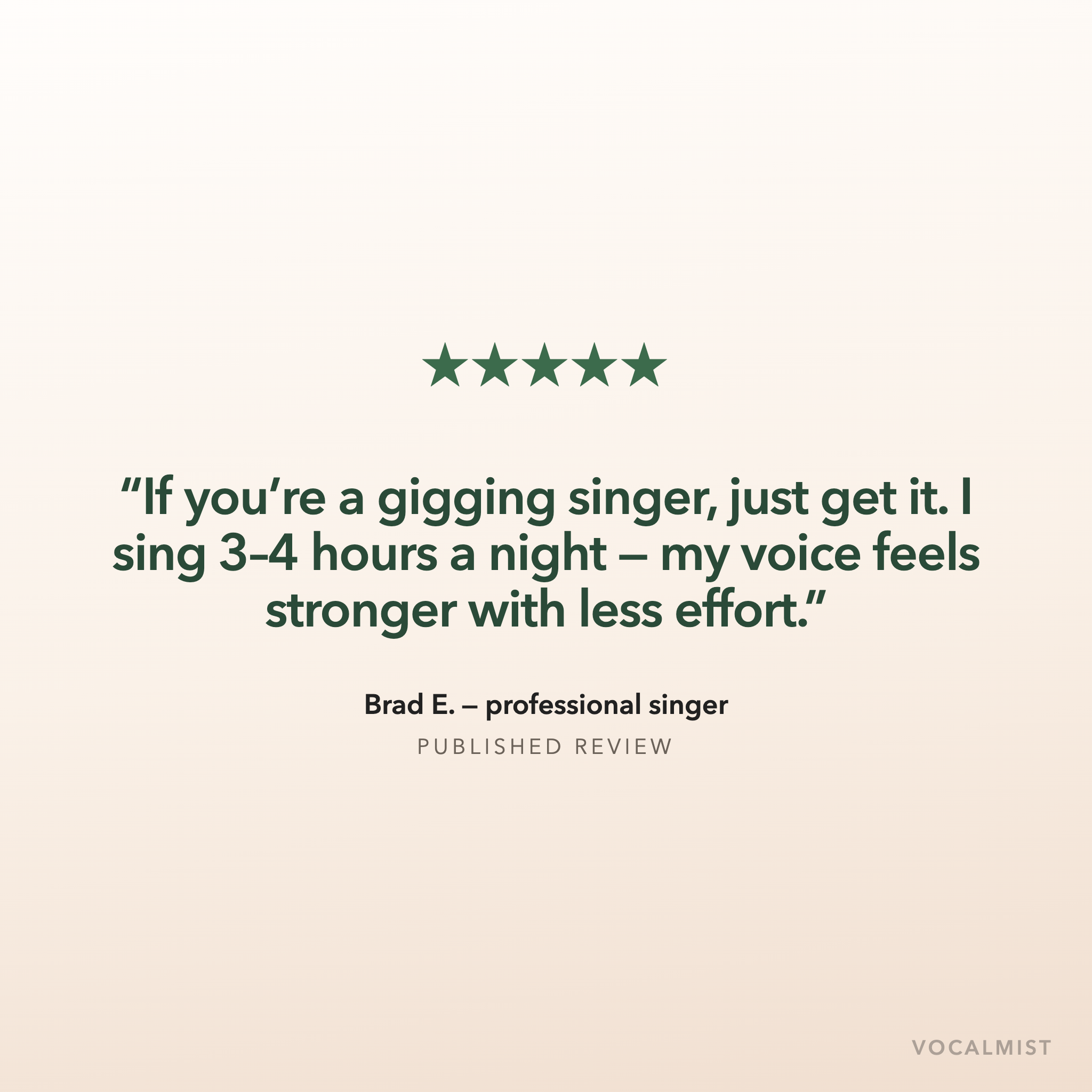 Five-star published review from Brad E., professional singer