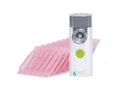 VocalMist Portable Nebulizer — hero shot, device with pink hydration ampoules, soft blush background