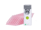 VocalMist Portable Nebulizer — hero shot, device with pink hydration ampoules, soft blush background